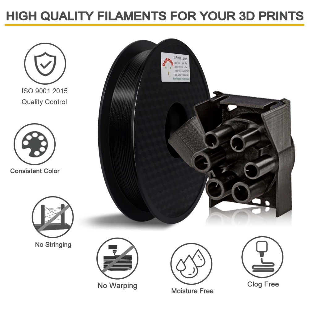 RepRapper PA12-CF 3D Printing Filament, Nylon Filament 1.75mm, 500g Nylon Carbon Fiber Filament, Black No Warping & Moisture Free 3D Printer Filament for 3D Printer