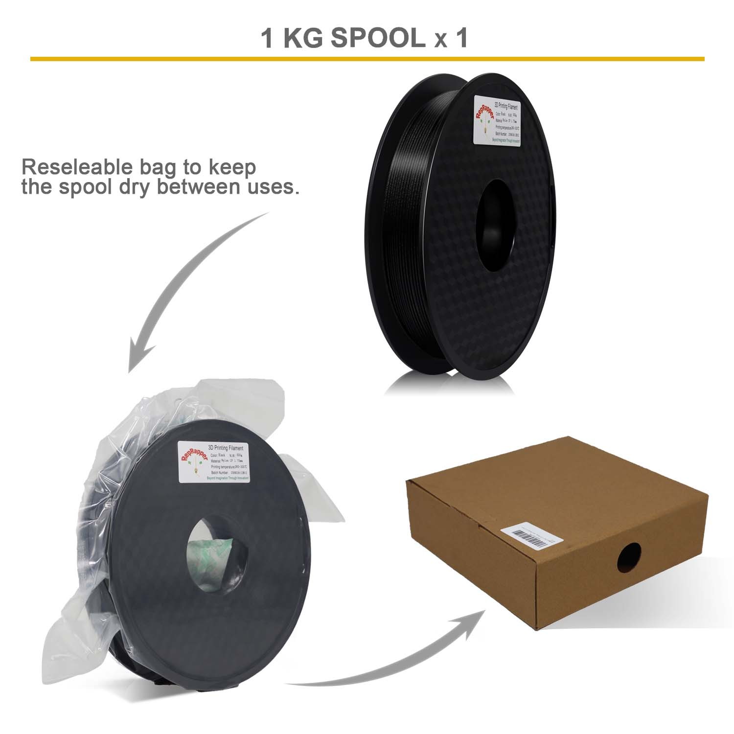 RepRapper PA12-CF 3D Printing Filament, Nylon Filament 1.75mm, 500g Nylon Carbon Fiber Filament, Black No Warping & Moisture Free 3D Printer Filament for 3D Printer