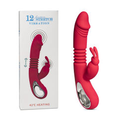 12-Speed Red Color Silicone Thrusting Rabbit Vibrator with Heating Function