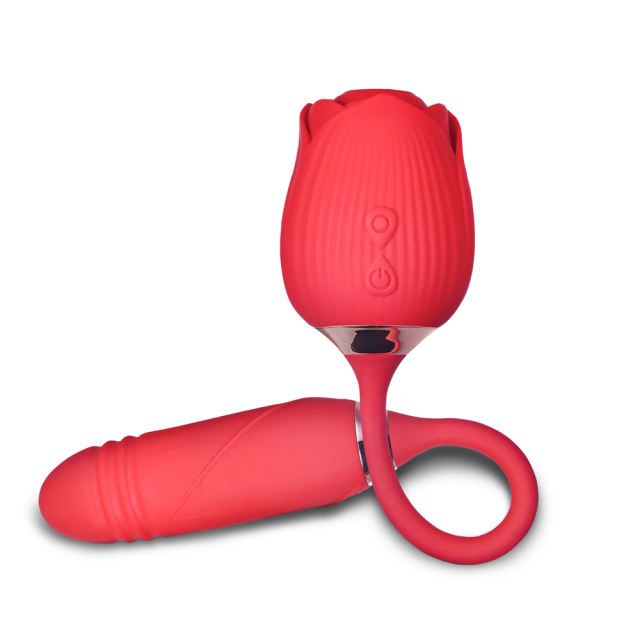10-Speed Red Color Silicone Clitoral Sucking Rose with Thrusting Vibrator