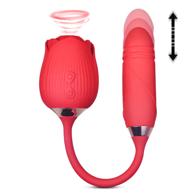 10-Speed Red Color Silicone Clitoral Sucking Rose with Thrusting Vibrator