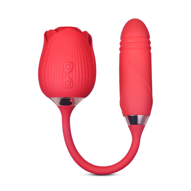 10-Speed Red Color Silicone Clitoral Sucking Rose with Thrusting Vibrator