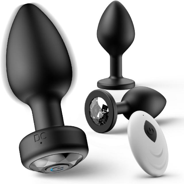 10-Speed Black Remote Control Rechargeable Silicone Vibrating Anal Plug Set
