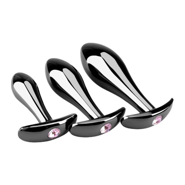 3 Sizes Iridescent Metal Anal Plug Set with Pink Gemstone