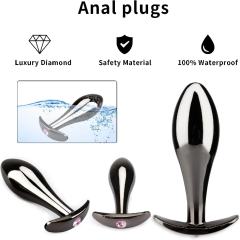 3 Sizes Iridescent Metal Anal Plug Set with Pink Gemstone