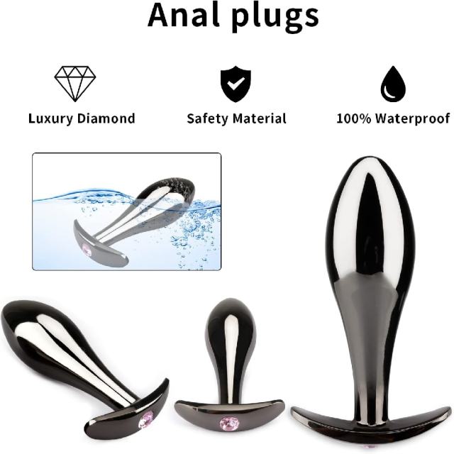 3 Sizes Iridescent Metal Anal Plug Set with Pink Gemstone