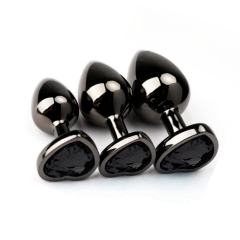 3 Sizes Metal Anal Plug Set with Black Heart-Shaped Buttom