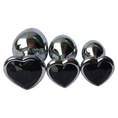 3 Sizes Metal Anal Plug Set with Black Heart-Shaped Buttom