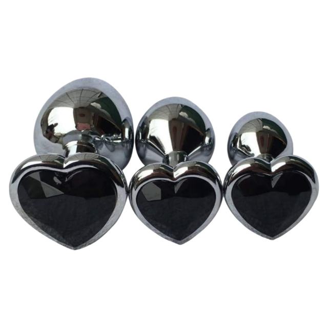 3 Sizes Metal Anal Plug Set with Black Heart-Shaped Buttom