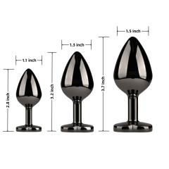 3 Sizes Metal Anal Plug Set with Black Heart-Shaped Buttom