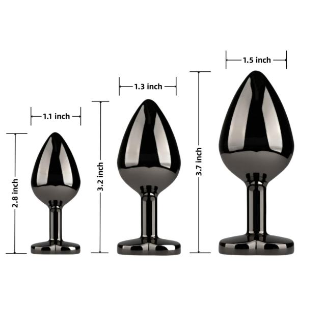 3 Sizes Metal Anal Plug Set with Black Heart-Shaped Buttom