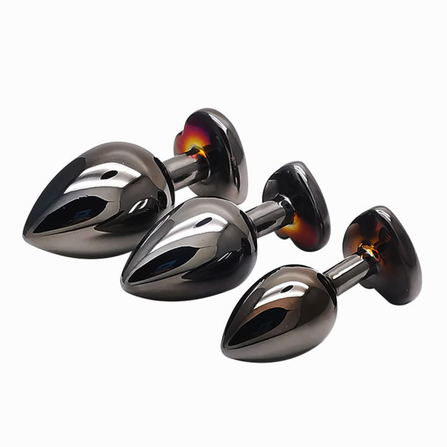 3 Sizes Metal Anal Plug Set with Black Heart-Shaped Buttom