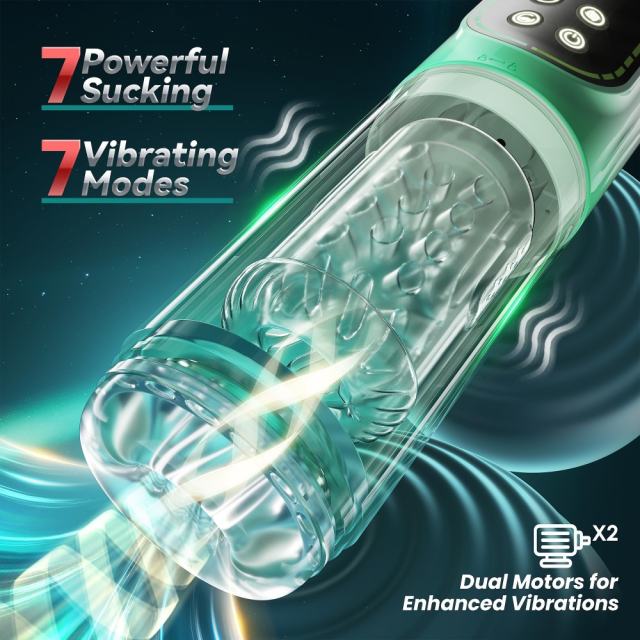 7-Speed Green Rechargeable Masturbator with Vibrating, Thrusting, Rotating, Sucking & Tongue-Licking Functions
