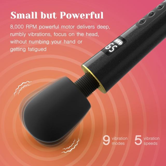 9-Speed Black Rechargeable Silicone Cordless High-Power Wand Massager for Clitoral Stimulation with LED Display