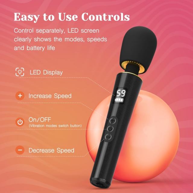 9-Speed Black Rechargeable Silicone Cordless High-Power Wand Massager for Clitoral Stimulation with LED Display