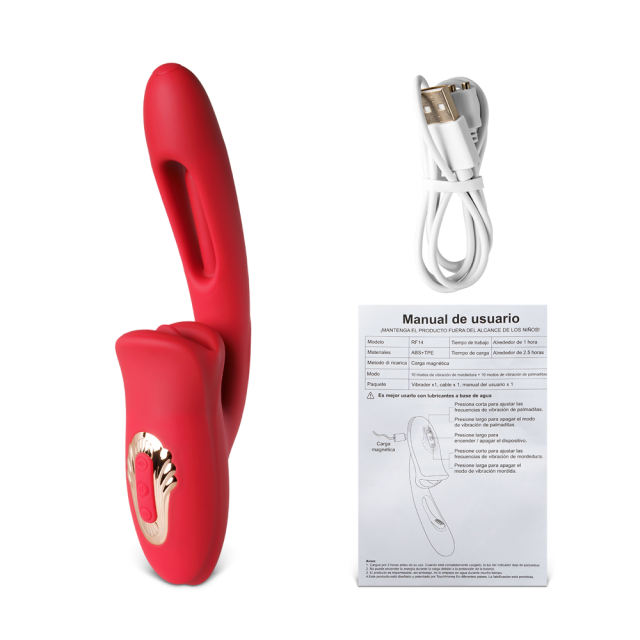 Customizable 10-Speed Red Silicone Rechargeable Big Mouth Vibrator with Tongue-Licking & Flapping