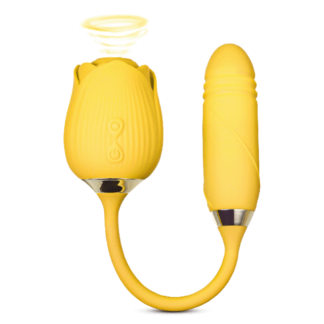 10-Speed Yellow Color Silicone Clitoral Sucking Rose with Thrusting Vibrator