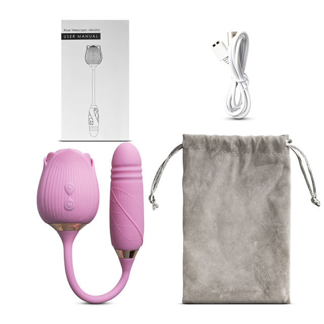 Customizable 10-Speed Pink Color Silicone Clitoral Sucking Rose with Thrusting Vibrator