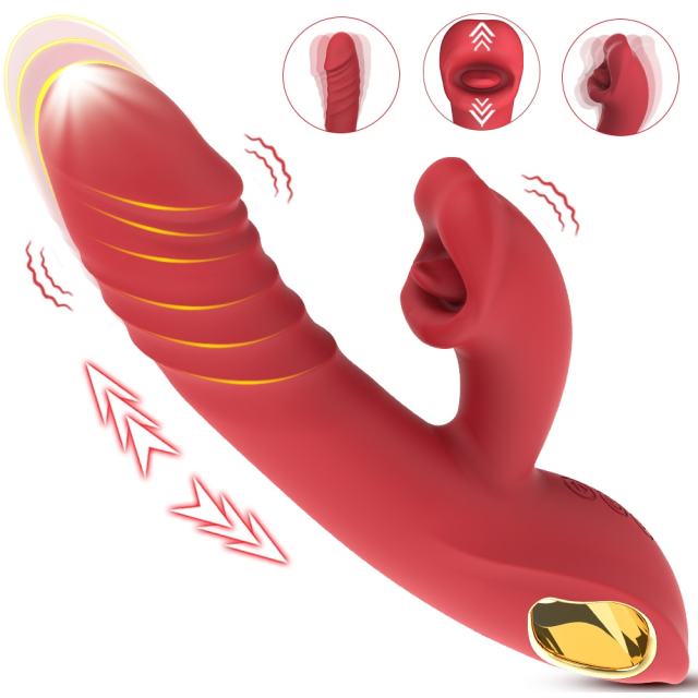 4-in-1 Red Rechargeable Silicone G-Spot Vibrator – 10-Speed Thrusting, Vibrating & Tongue-Clitoral Stimulator
