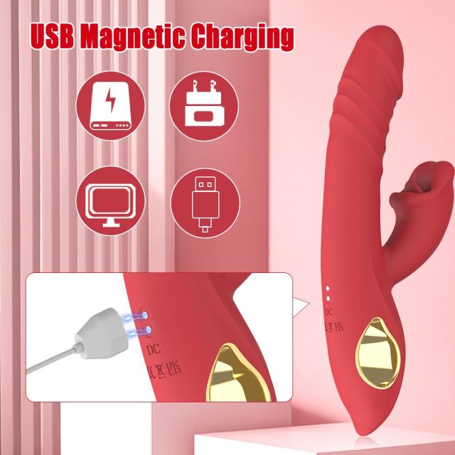 4-in-1 Red Rechargeable Silicone G-Spot Vibrator – 10-Speed Thrusting, Vibrating & Tongue-Clitoral Stimulator