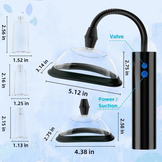 3-Speed Black Rechargeable Suction Pump with 5 Different Size Cups and Plug-In Charging