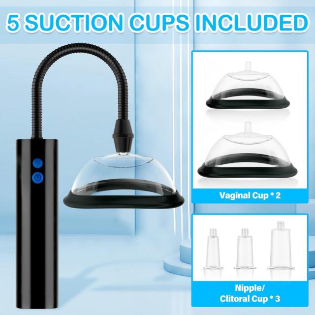 3-Speed Black Rechargeable Suction Pump with 5 Different Size Cups and Plug-In Charging