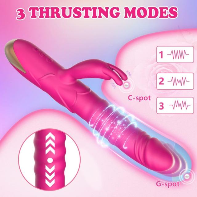 10-Speed Magenta Rechargeable Silicone Rabbit Vibrator with Thrusting Function