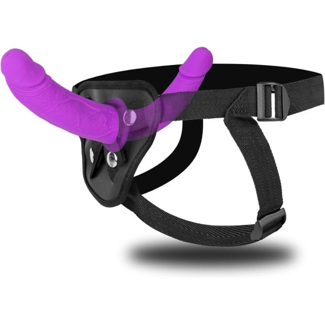 Purple Silicone Strap-On Double Ended Dildo with Adjustable Harness