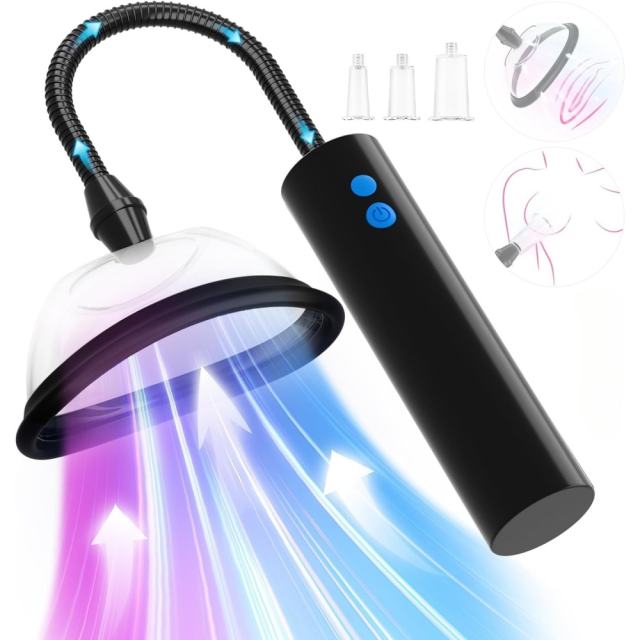 3-Speed Black Rechargeable Suction Pump with 5 Different Size Cups and Plug-In Charging