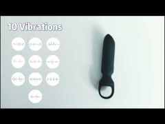10-Speed Black Rechargeable Silicone Bullet Vibrator with Finger Ring