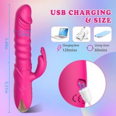 10-Speed Magenta Rechargeable Silicone Rabbit Vibrator with Thrusting Function