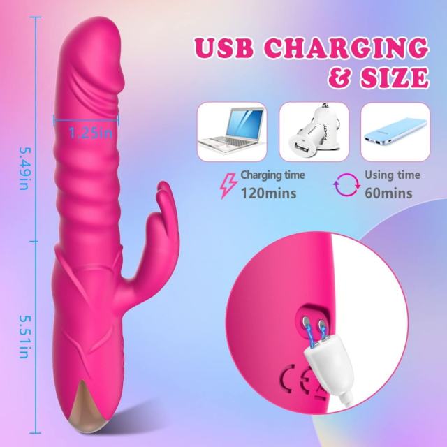 10-Speed Magenta Rechargeable Silicone Rabbit Vibrator with Thrusting Function