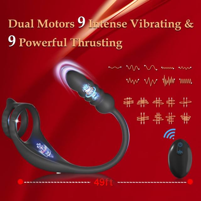 9-Speed Black Thrusting & Vibrating Rechargeable Silicone Prostate Massage with Dual Cock Rings and Remote Control
