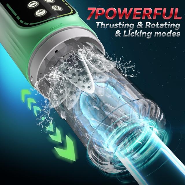 Customizable 7-Speed Green Rechargeable Masturbator with Vibrating, Thrusting, Rotating, Sucking & Tongue-Licking Functions