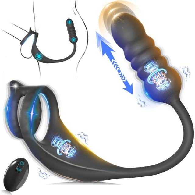 9-Speed Black Thrusting & Vibrating Rechargeable Silicone Prostate Massage with Dual Cock Rings and Remote Control