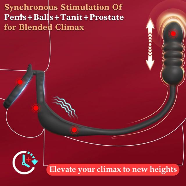 9-Speed Black Thrusting & Vibrating Rechargeable Silicone Prostate Massage with Dual Cock Rings and Remote Control