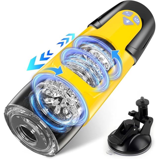 7-Speed Black & Yellow App-Controlled Rechargeable Masturbator with Vibrating, Thrusting & Rotating Functions