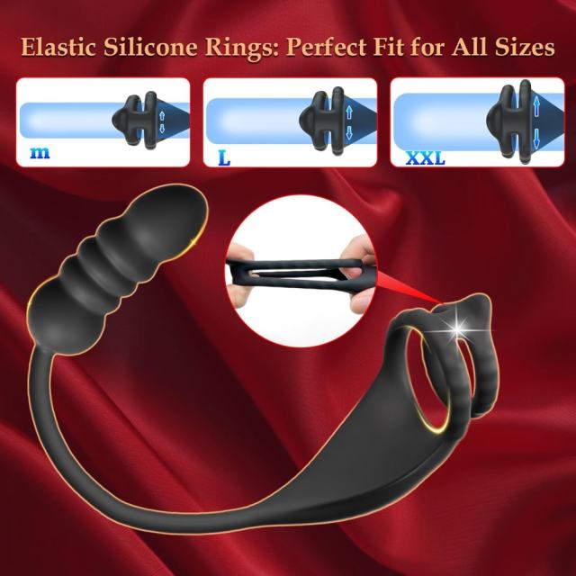 9-Speed Black Thrusting & Vibrating Rechargeable Silicone Prostate Massage with Dual Cock Rings and Remote Control