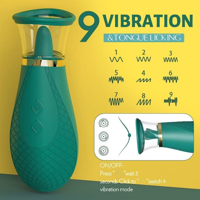 3-Mode Sucking and 9-Mode Tongue-Licking Green Rechargeable Silicone Clitoral Stimulator with USB Magnetic Charging