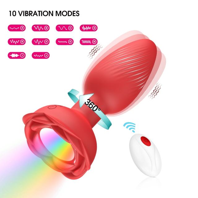 Red Rechargeable 360° Rotating Silicone Vibrating Anal Plug with Remote Control, Light-Up & Rose-Shaped Base