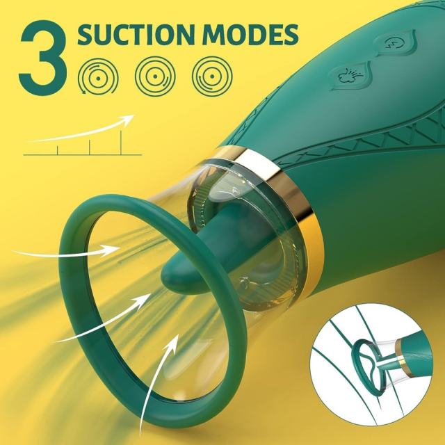 3-Mode Sucking and 9-Mode Tongue-Licking Green Rechargeable Silicone Clitoral Stimulator with USB Magnetic Charging