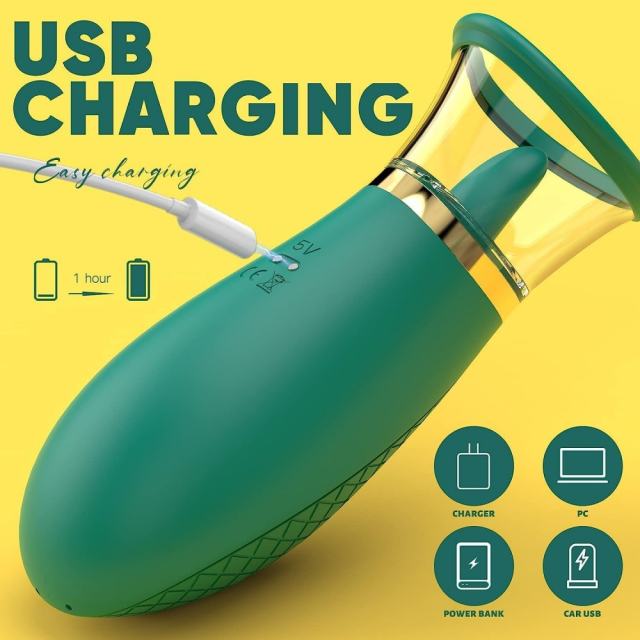 3-Mode Sucking and 9-Mode Tongue-Licking Green Rechargeable Silicone Clitoral Stimulator with USB Magnetic Charging