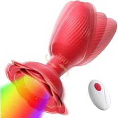 Red Rechargeable 360° Rotating Silicone Vibrating Anal Plug with Remote Control, Light-Up & Rose-Shaped Base