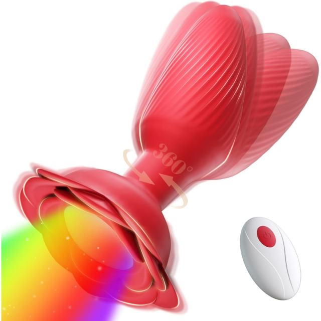 Red Rechargeable 360° Rotating Silicone Vibrating Anal Plug with Remote Control, Light-Up & Rose-Shaped Base