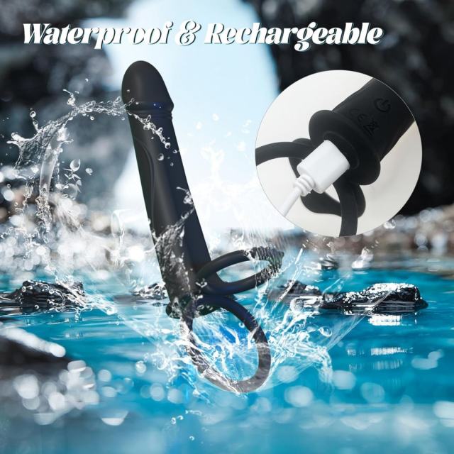 7.29'' Black Rechargeable Vibrating Dildo with Cock Rings
