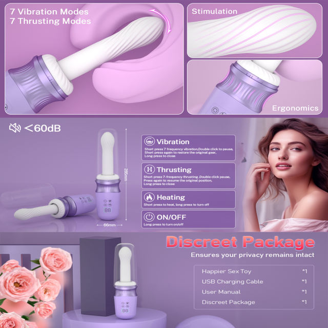 7-Speed Purple App-Controlled Vibration Rechargeable Thrusting Silicone Sex Machine with Heating Function