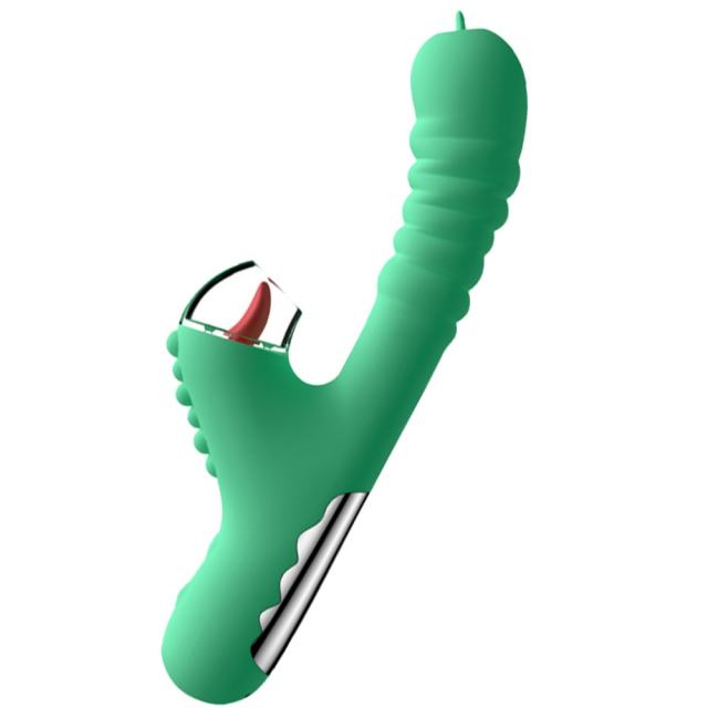 5-Speed Green Silicone Rechargeable Massager with Vibrating and Tongue-Licking Functions