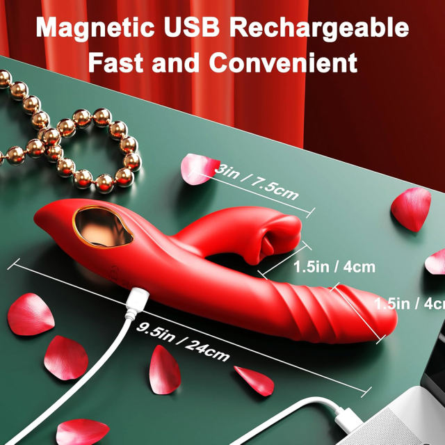 4-in-1 Red Rechargeable Silicone G-Spot Vibrator – 10-Speed Thrusting, Vibrating & Tongue-Clitoral Stimulator