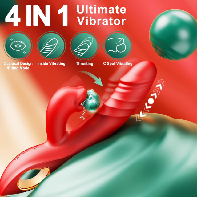 4-in-1 Red Rechargeable Silicone G-Spot Vibrator – 10-Speed Thrusting, Vibrating & Tongue-Clitoral Stimulator