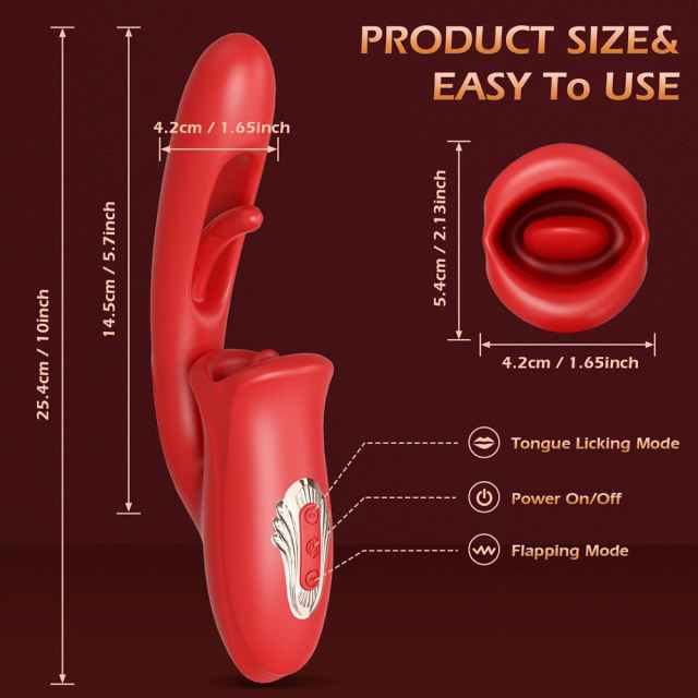 Customizable 10-Speed Red Silicone Rechargeable Big Mouth Vibrator with Tongue-Licking & Flapping